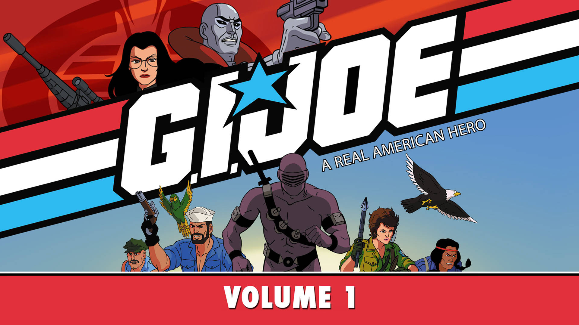 G.I. Joe：真實美國英雄 壁紙 — 大膽描繪的G.I. Joe角色手持武器，在紅、藍、白條紋背景前準備就緒。