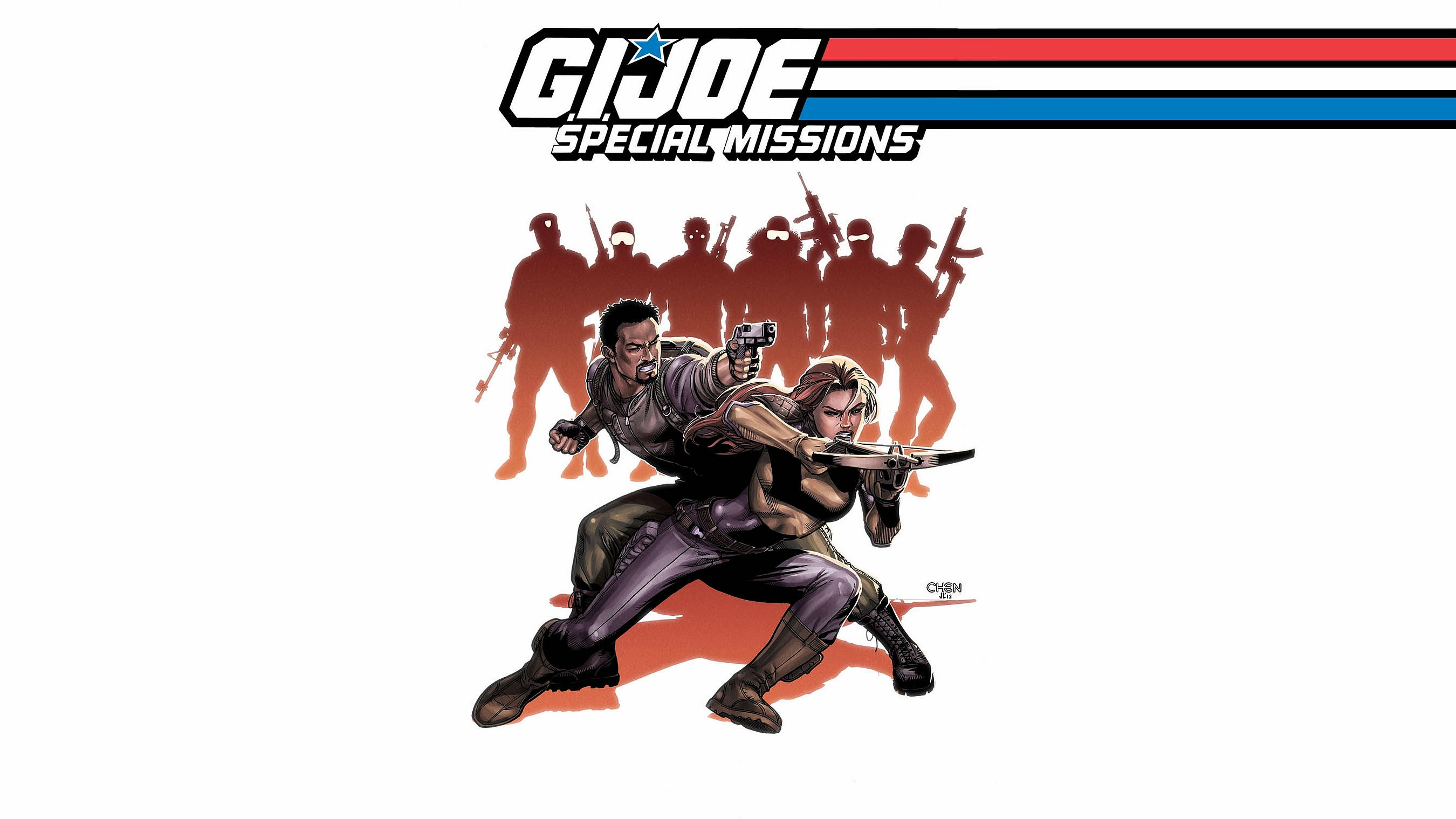 G.I. Joe 特殊任務 壁紙 — 兩名G.I. Joe特工以戰鬥姿勢拔出武器，背景是剪影士兵。