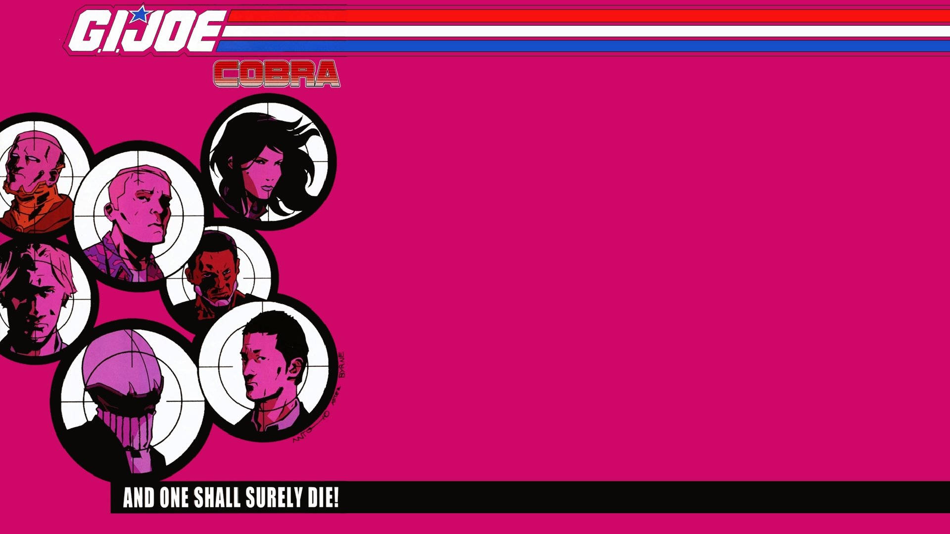 G.I. Joe 精英隊伍之蛇眼 壁紙 — 充滿活力的粉紅色背景，以粗體文字在目標圓圈中展示風格化的漫畫書風格G.I. Joe Cobra角色肖像。