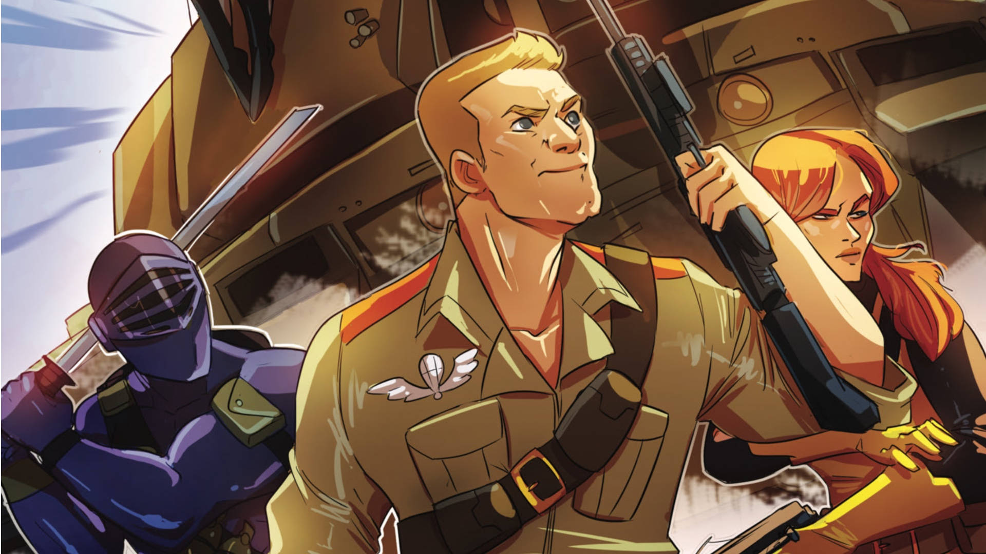 G.I. Joe 動畫漫畫 壁紙 — 三名動畫士兵身穿戰鬥裝備，在機械背景前手持武器準備就緒。