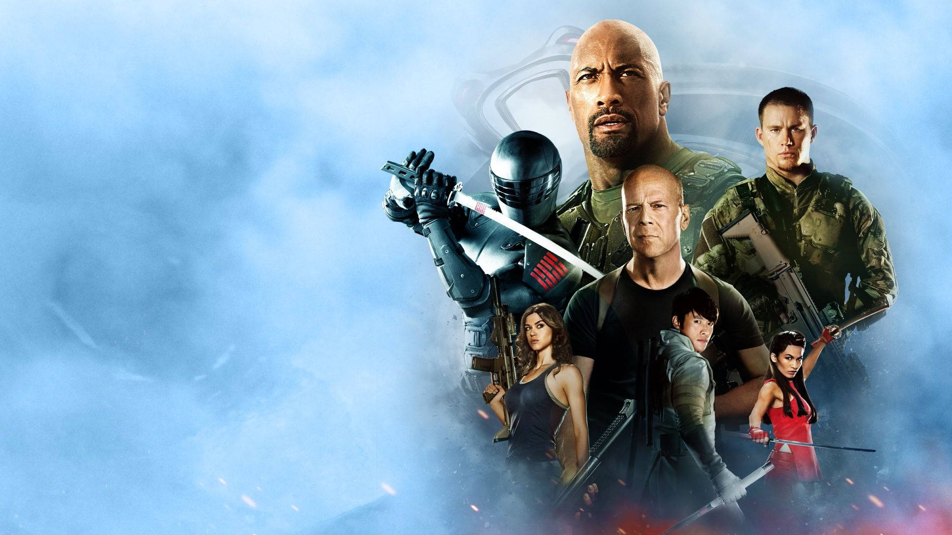 G.I. Joe 復仇電影 壁紙 — 一張戲劇性的電影海報，描繪身穿戰鬥裝備的動作英雄，背景是煙霧瀰漫的藍色和熾熱的火花。