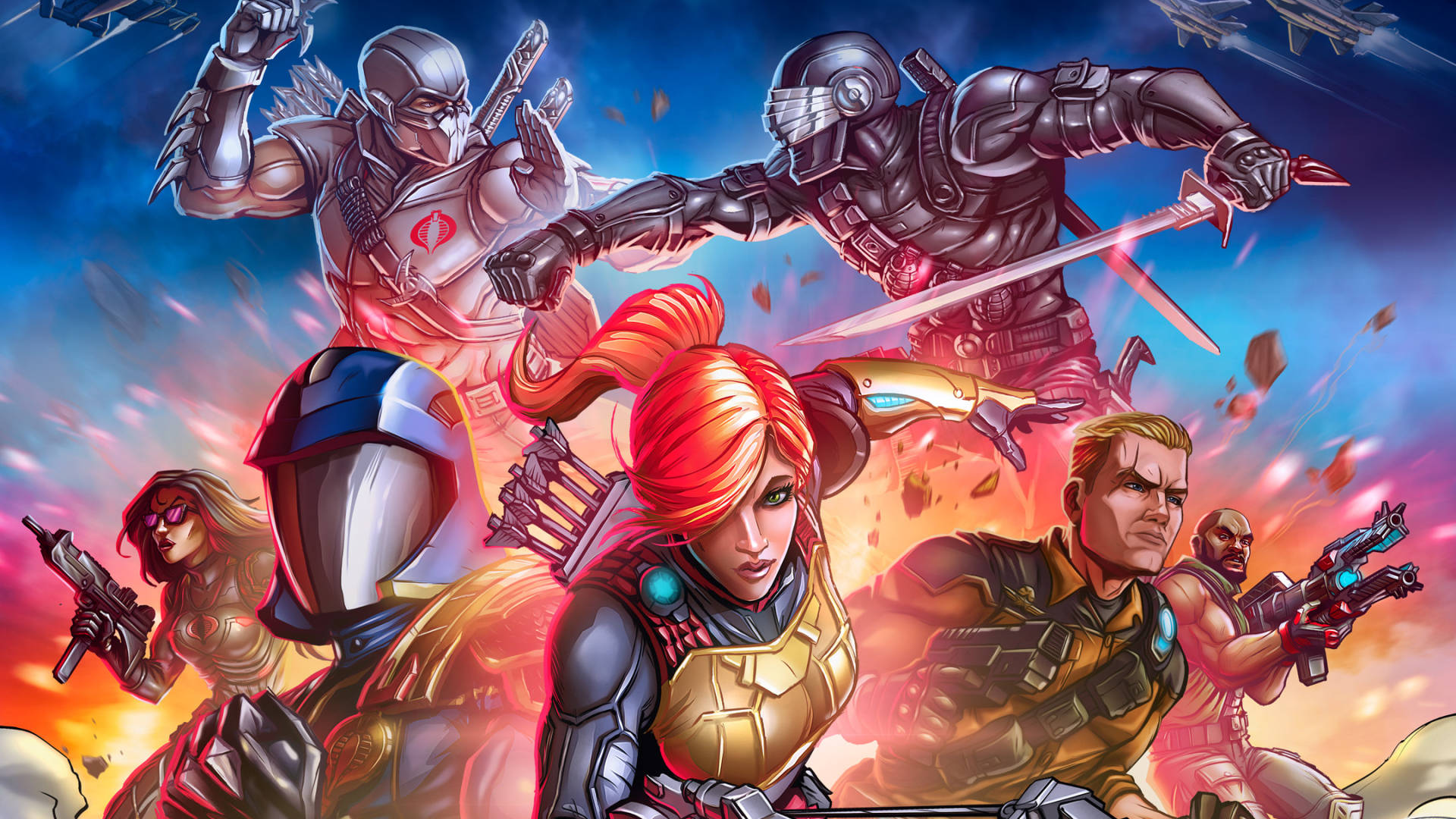 G.I. Joe 操作黑障漫畫 壁紙 — 動漫風格的戰士身穿未來裝甲，在火熱爆炸和飛揚碎片中激烈交鋒，背景是充滿活力的暮色天空。