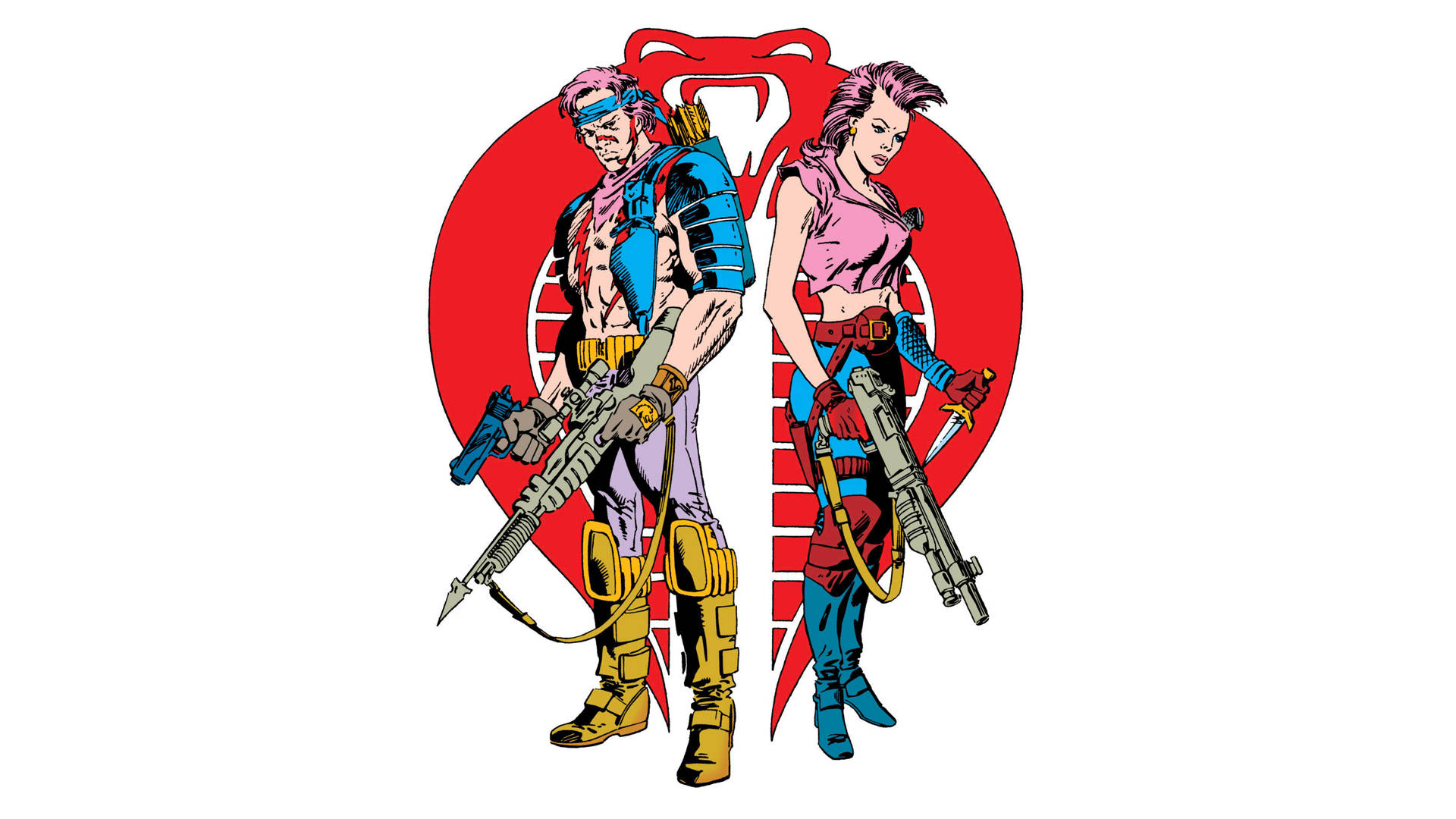 G.I. Joe 精英漫畫海報 壁紙 — 兩個肌肉發達的漫畫角色，擁有粉紅色頭髮和戰術裝備，手持武器準備對抗紅色蛇標誌。