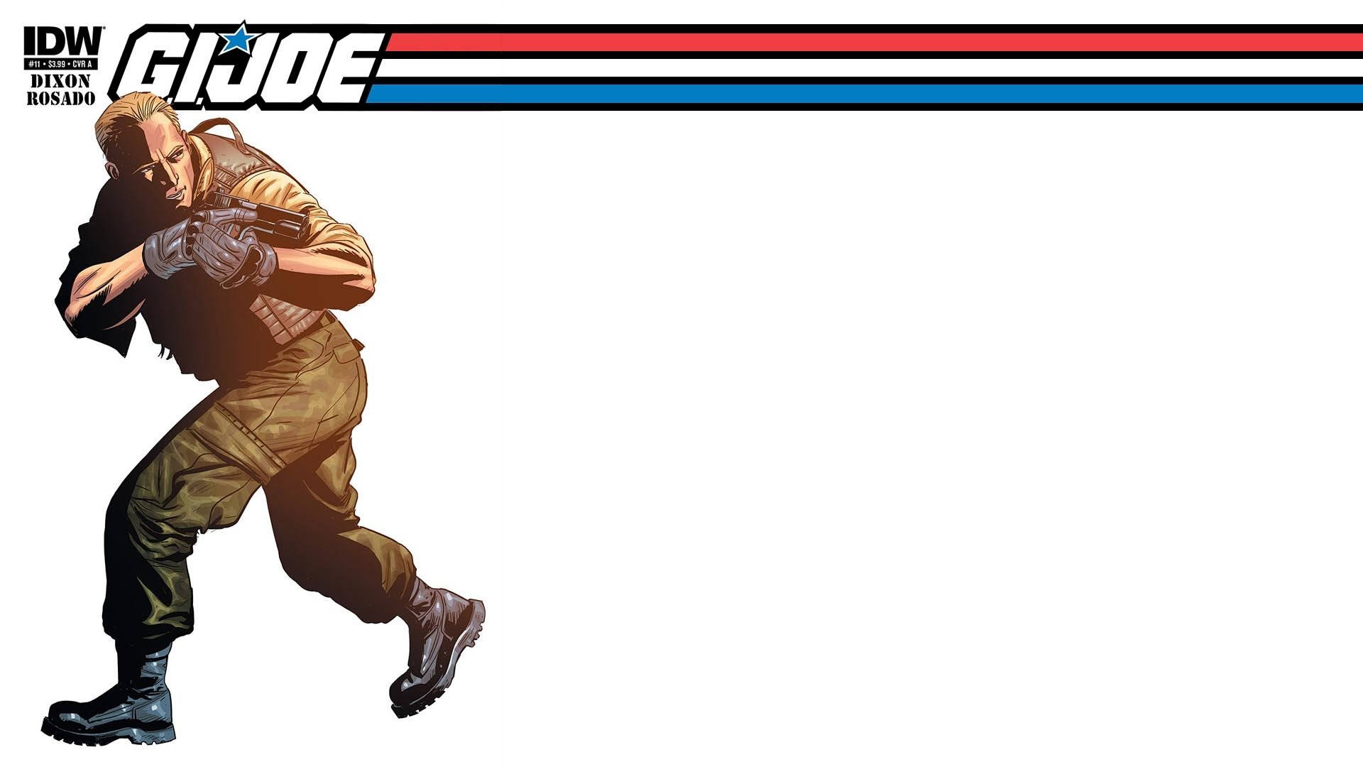G.I. Joe 美國英雄 壁紙 — 一幅動感漫畫插圖，描繪一名G.I. Joe士兵以戰鬥姿勢持步槍，背景為純白色。