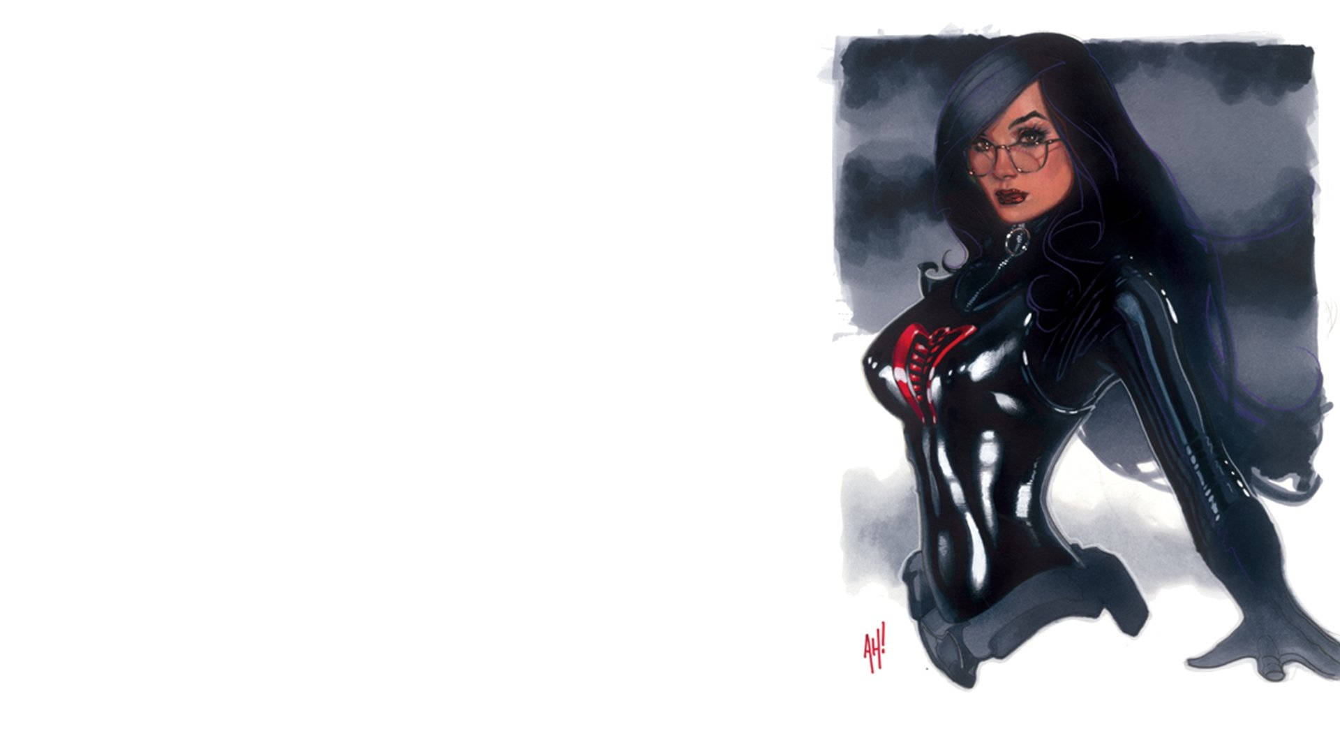 G.I. Joe 美麗女角芭芭拉 壁紙 — 一個風格化的插圖，描繪一位身穿光澤黑色緊身衣、帶紅色點綴和眼鏡的女性，背景為黑暗煙霧繚繞。