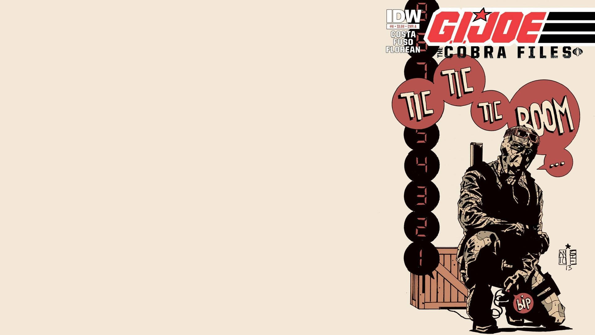 G.I. Joe 蛇眼檔案海報 壁紙 — 漫畫書封面，一名士兵蹲在木箱旁，紅色對話框寫著 tic tic tic boom，背景為米色。