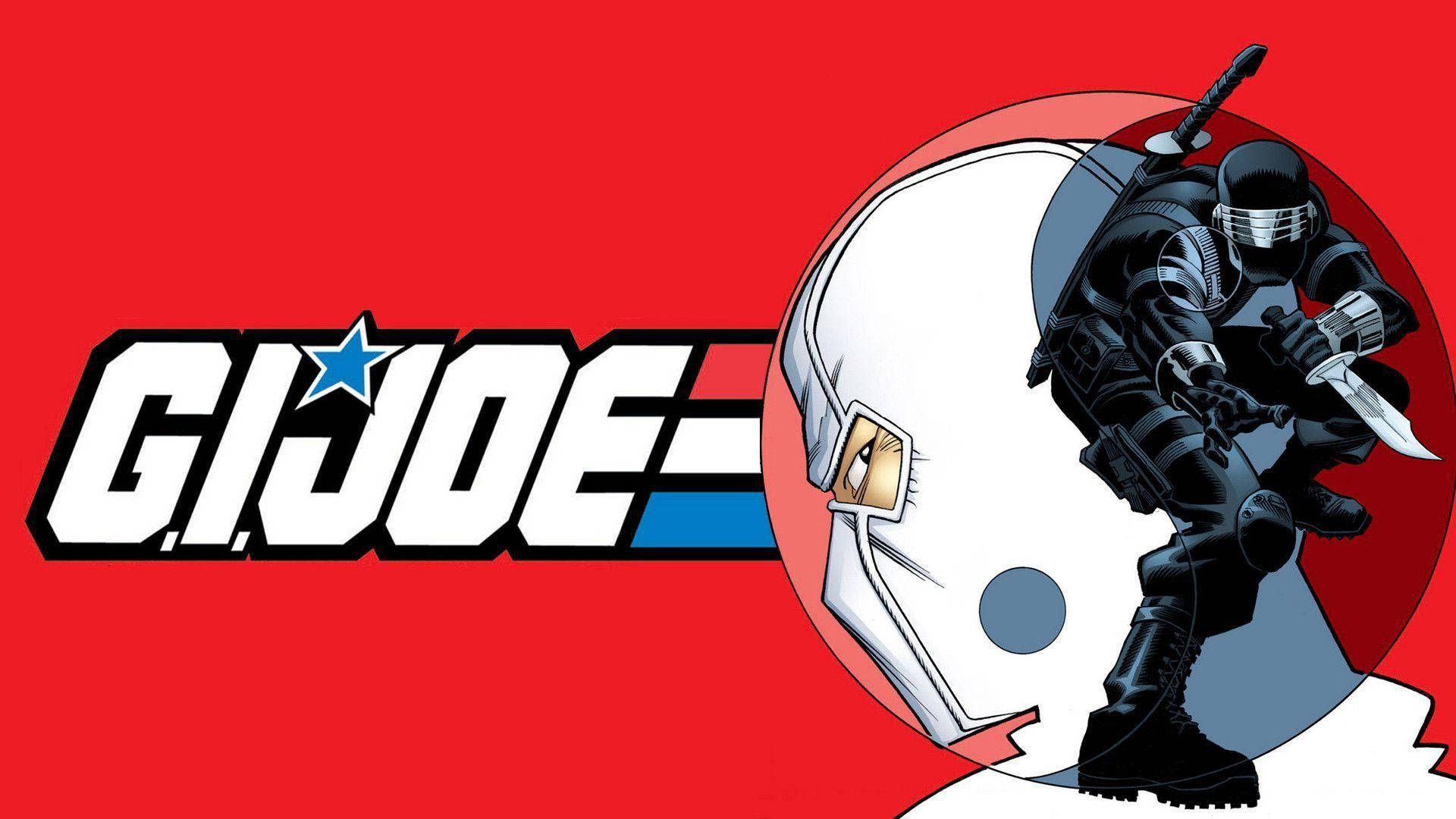 G.I. Joe 蛇眼與暴風影 壁紙 — 一個G.I. Joe標誌，黑色裝備的忍者士兵在鮮紅色背景上，旁邊有一個白色頭盔，手持一把刀。
