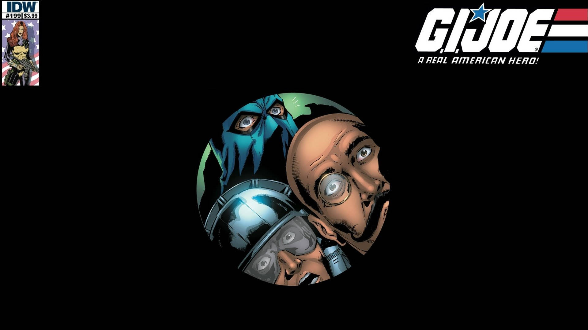 G.I. Joe漫畫史中的緊張場景 壁紙 — 三個表情強烈的G.I. Joe角色從圓形框架中凝視著黑色背景。
