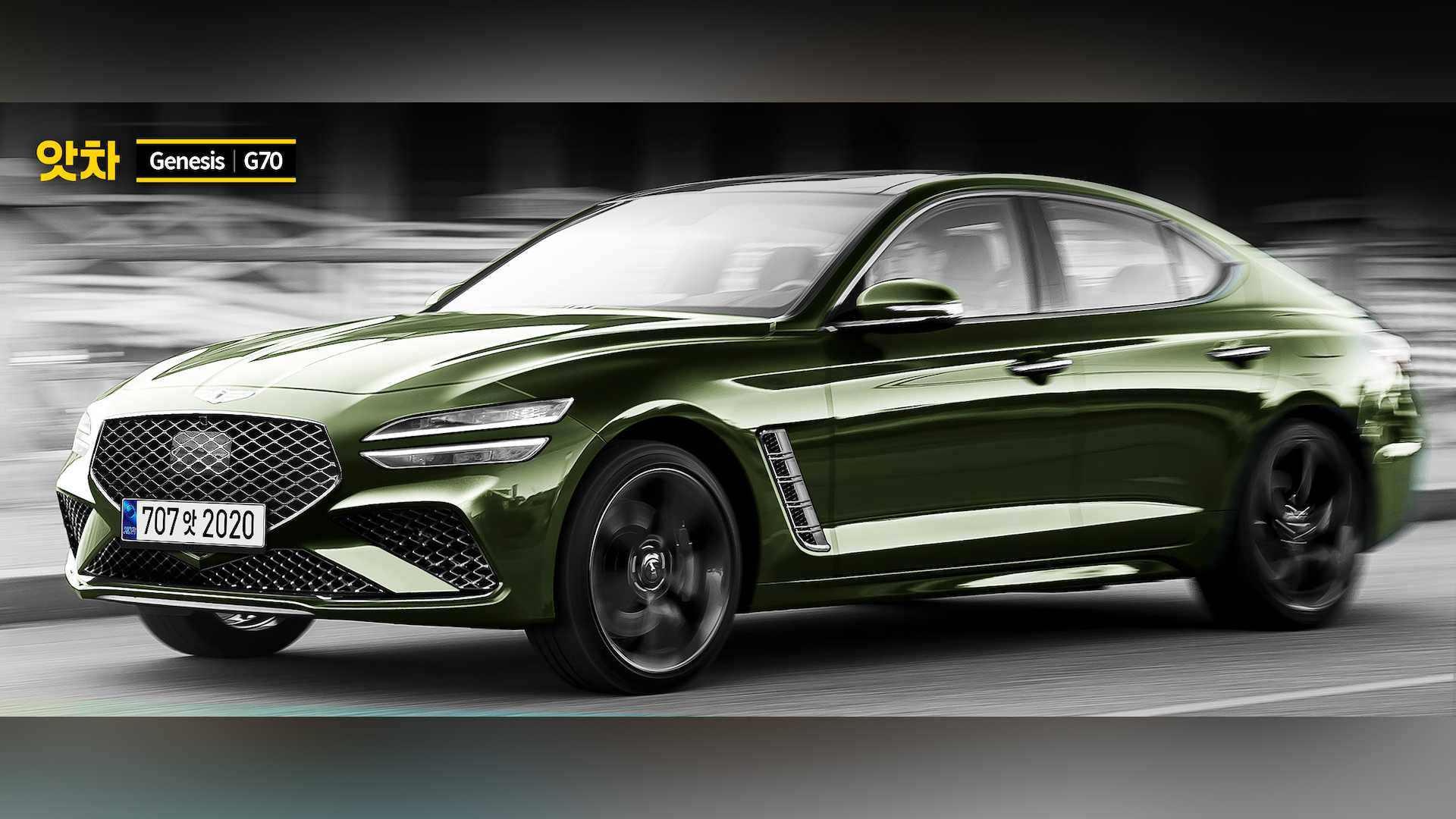 完美結合 - 金龜車 G70 橄欖綠版 壁紙 — 一輛時尚的綠色Genesis G70轎車在模糊的城市道路上疾馳，動態模糊強調其動感設計。