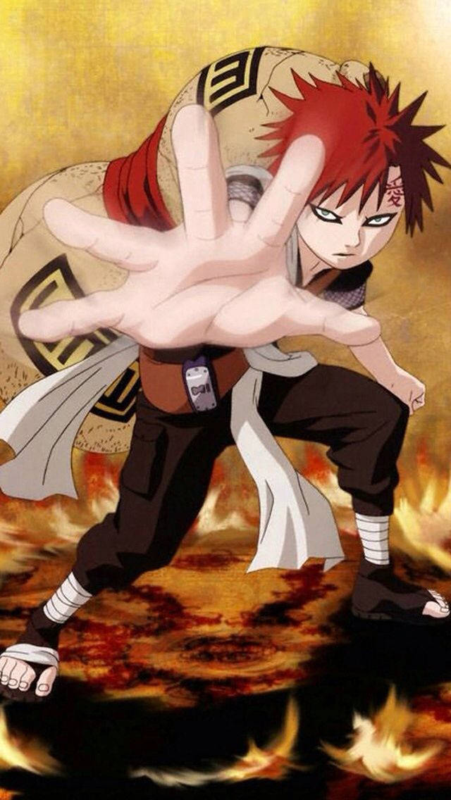 用 Gaara iPhone 展現你的火影熱情 壁紙 — 動漫角色，紅色尖刺頭髮，表情兇猛，以火焰姿態站立，手向前伸出，背景金色。