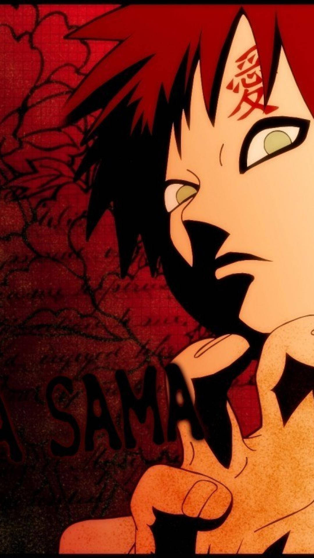Gaara iPhone 驚悚版 壁紙 — 一個風格化的動漫角色，紅髮，額頭上有漢字紋身，在紋理紅色的背景下強烈凝視。