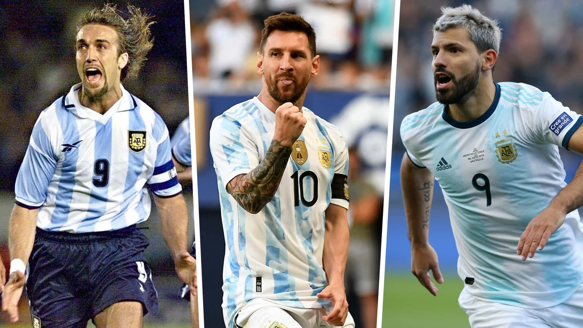 Gabriel Batistuta、Lionel Messi 與 Sergio Aguero 壁紙 — 三名身穿藍白間條球衣的阿根廷足球運動員在球場上熱情慶祝。