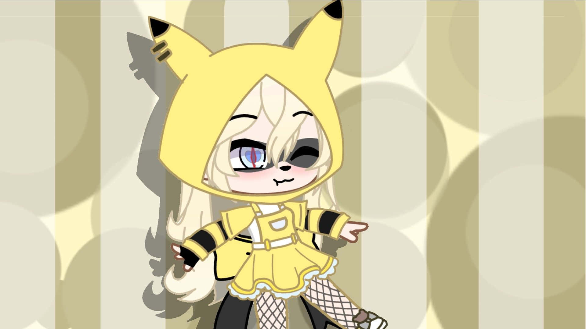 Gacha Club 女孩 皮卡丘主題 壁紙 — 一個穿著黃色比卡超連帽衫和裙子的Q版動漫女孩，在柔軟的條紋背景前開心地擺姿勢。