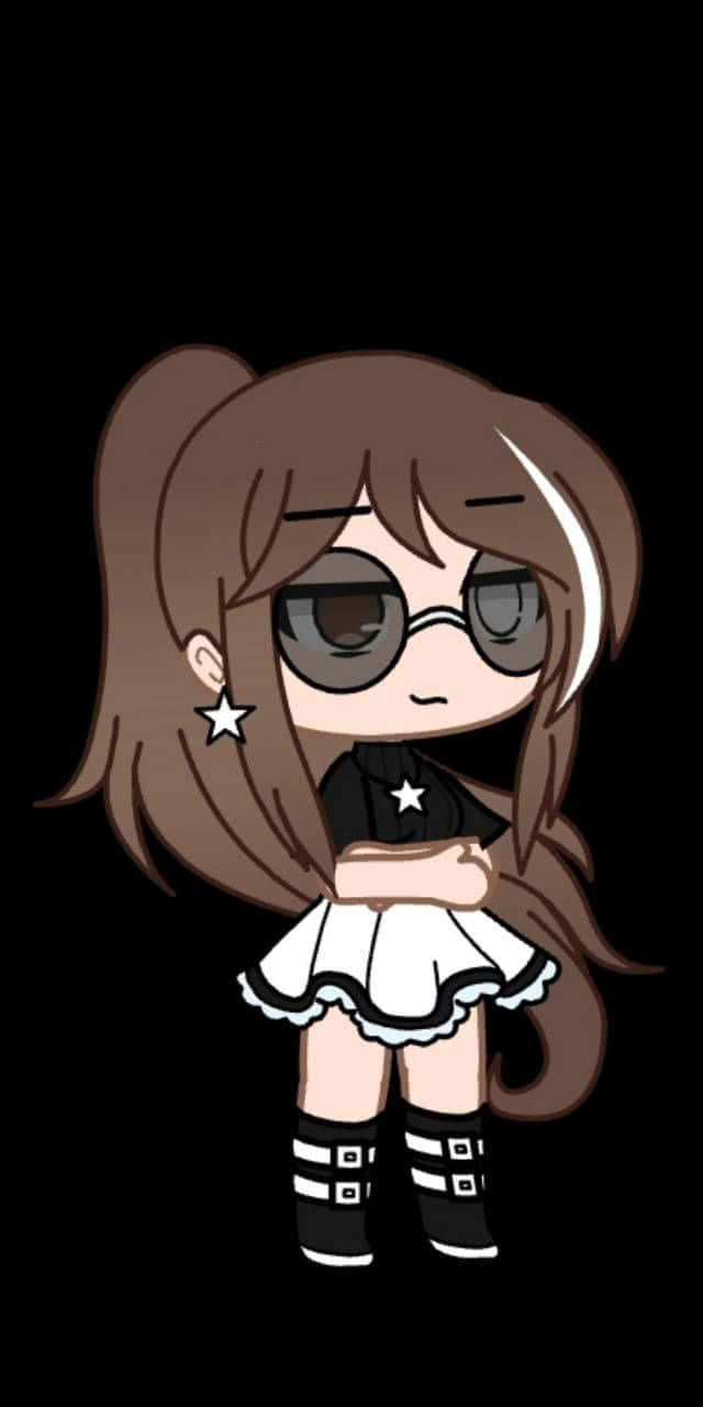 Gacha Club 女孩 黑色 壁紙 — 一個棕色雙馬尾、戴著星星耳環的Q版動漫女孩，穿著黑白服裝，自信地站在純黑色背景前。