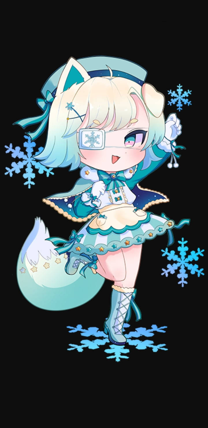 有狐狸耳朵和雪花單片眼鏡的Q版動漫女孩在雪花中跳舞。
