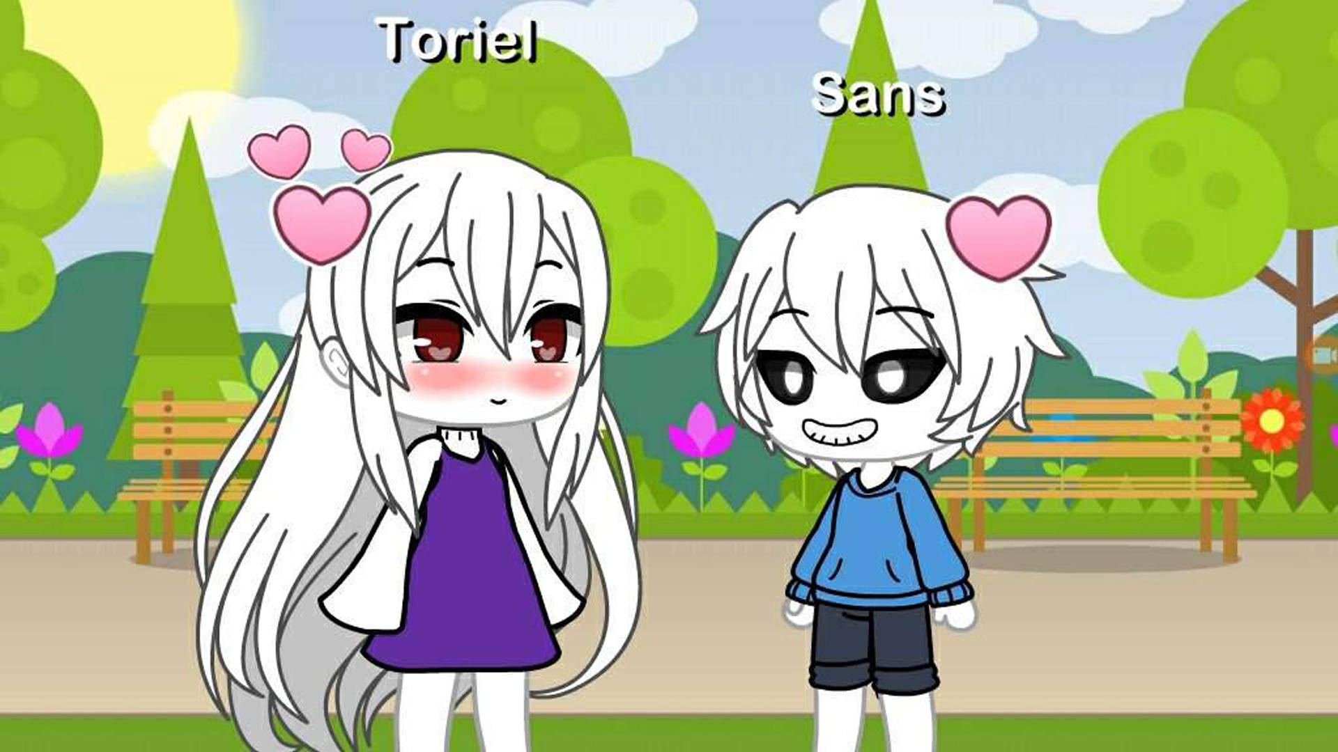 Gacha Life 中的 Sans 與 Toriel 壁紙 — 兩個動漫角色 Toriel 和 Sans 站在陽光明媚的公園裡，心形圖案漂浮在他們頭頂。