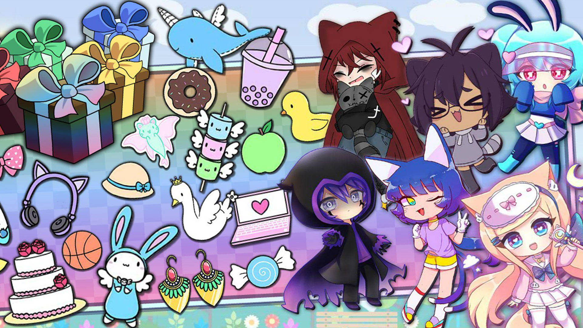 Gacha Life 可愛角色與物品 壁紙 — 充滿活力的動漫風格拼貼畫，包含Q版角色、禮物、食物和可愛動物，以柔和天空為背景。