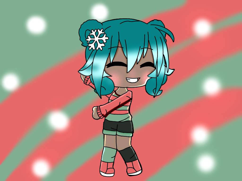 Gacha Life 圣诞皮肤 壁紙 — 一個開心的chibi動漫女孩，擁有青色頭髮和雪花髮夾，在節日紅綠條紋背景和白色散景燈光下微笑。