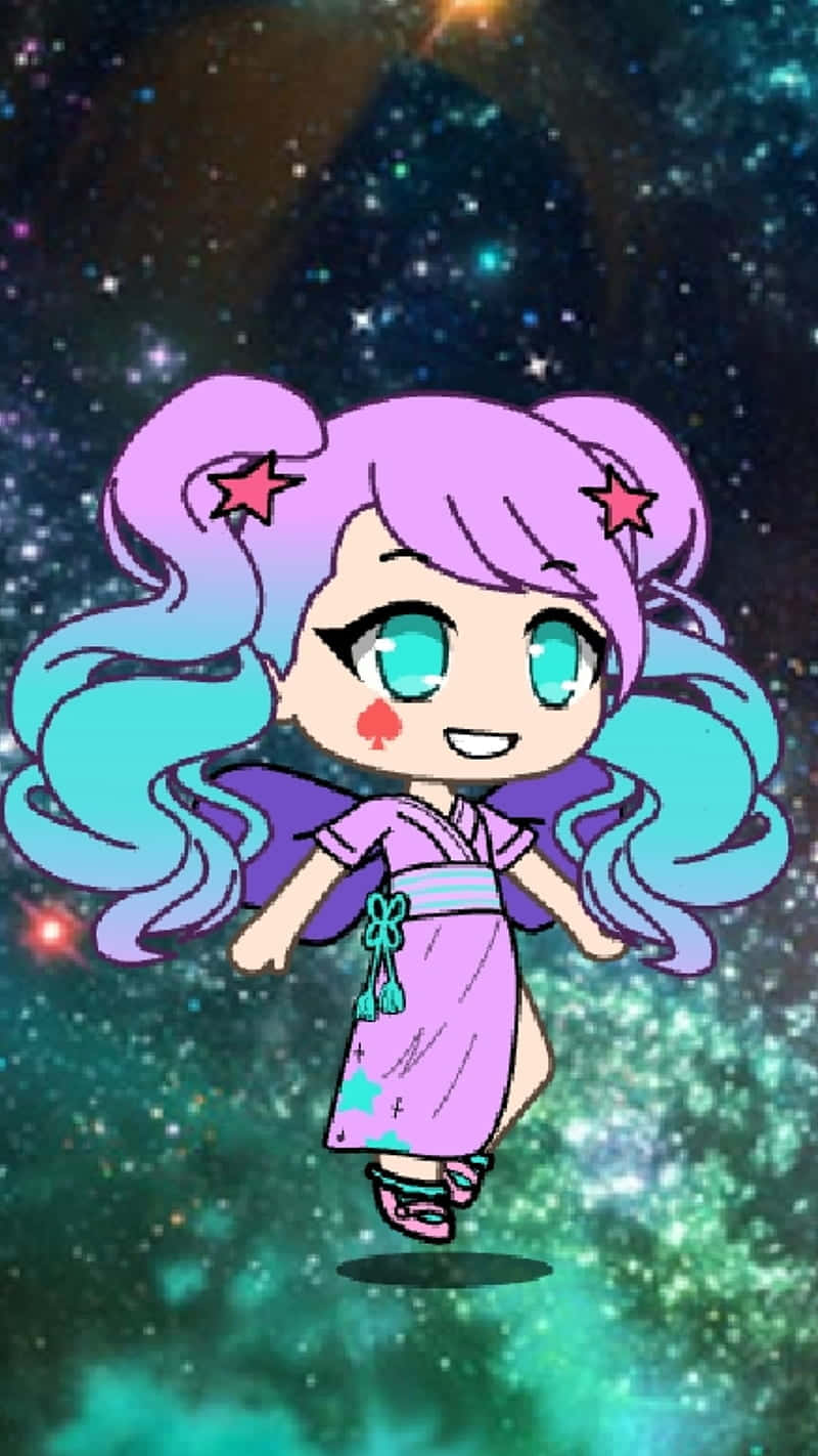 Gacha Life 壞男孩 壁紙 — 一個紫藍色頭髮的Q版動漫女孩，在閃爍的宇宙背景中快樂地漂浮。
