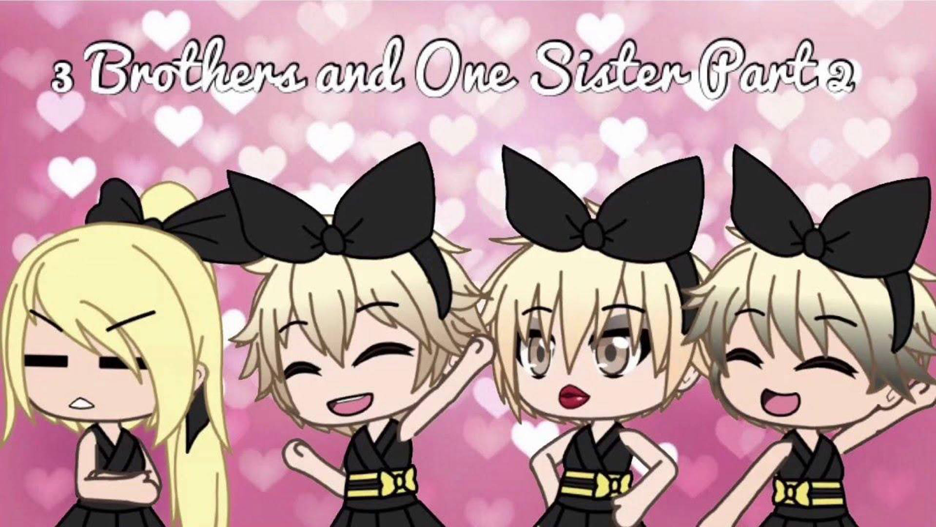 Gacha Life 幽默兄妹 壁紙 — 四個金髮黑蝴蝶結的Q版動漫角色在粉紅色心形圖案背景上微笑或嘟嘴。