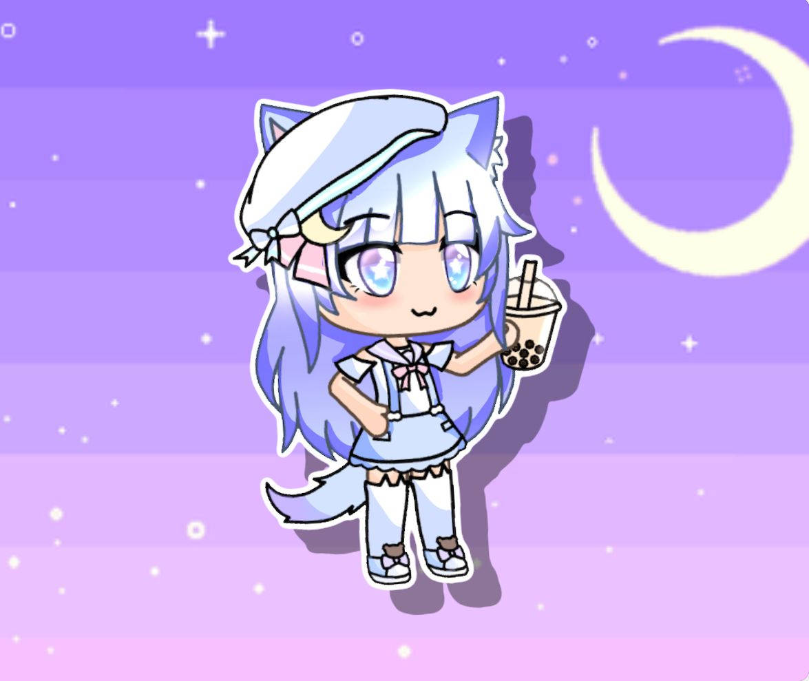 Gacha Life 戴貝雷帽的貓女 壁紙 — 一個藍髮貓耳的可愛動漫女孩，在紫色漸變夜空下拿著一杯珍珠奶茶，背景有新月。