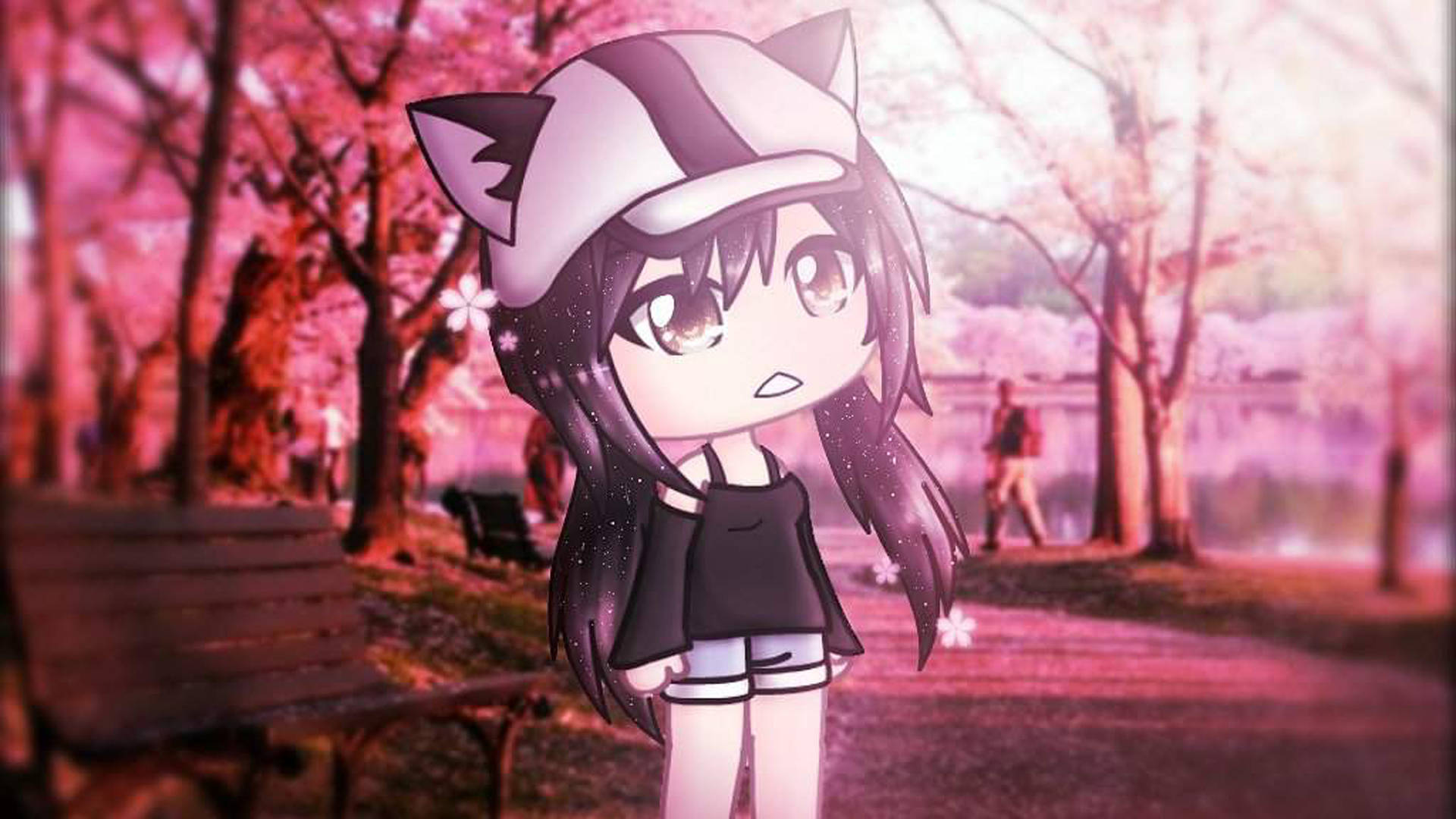 Gacha Life 櫻花公園 壁紙 — 一個戴著貓耳和帽子的Q版動漫女孩，站在粉紅色的櫻花公園裡，沐浴在柔和的光芒下。