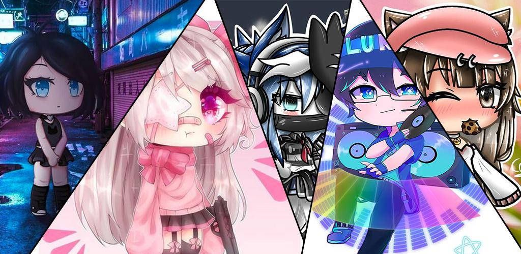 Gacha Life 粉絲藝術拼貼 壁紙 — 四個動漫風格嘅Q版角色，喺充滿活力嘅霓虹燈城市場景中，配以色彩繽紛嘅幾何背景。