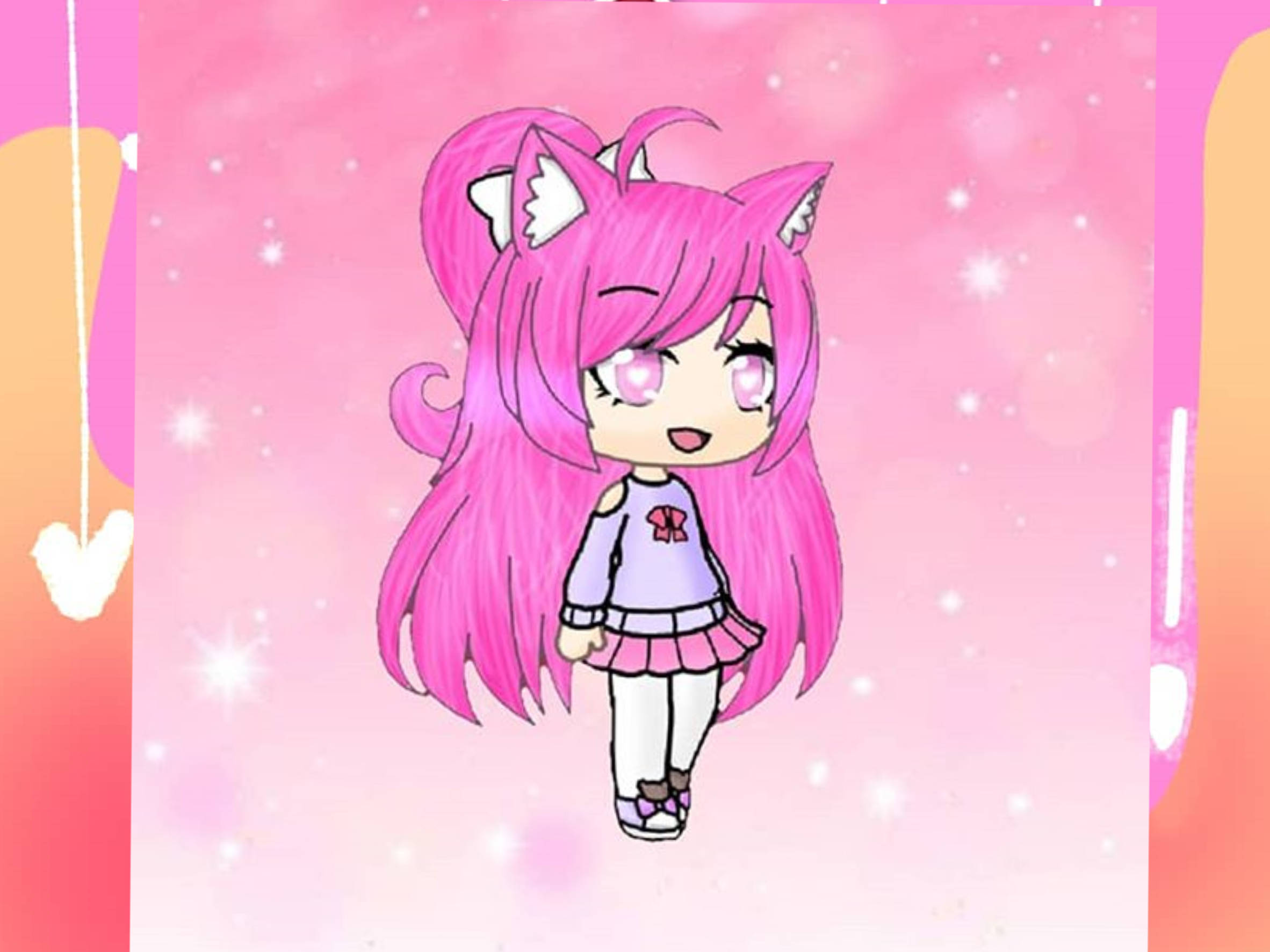 Gacha Life 粉色貓女角色 壁紙 — 一個有粉紅色貓耳和長粉紅色頭髮的Q版動漫女孩，在閃閃發光的粉紅色背景上微笑。