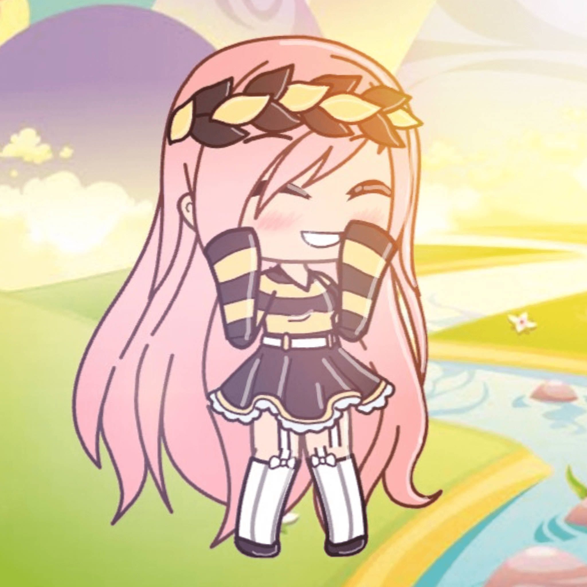 Gacha Life 粉髮角色 壁紙 — 一個開心的動漫女孩，粉紅色頭髮和樹葉皇冠，在明亮的粉彩風景中歡笑，有一條蜿蜒的河流。