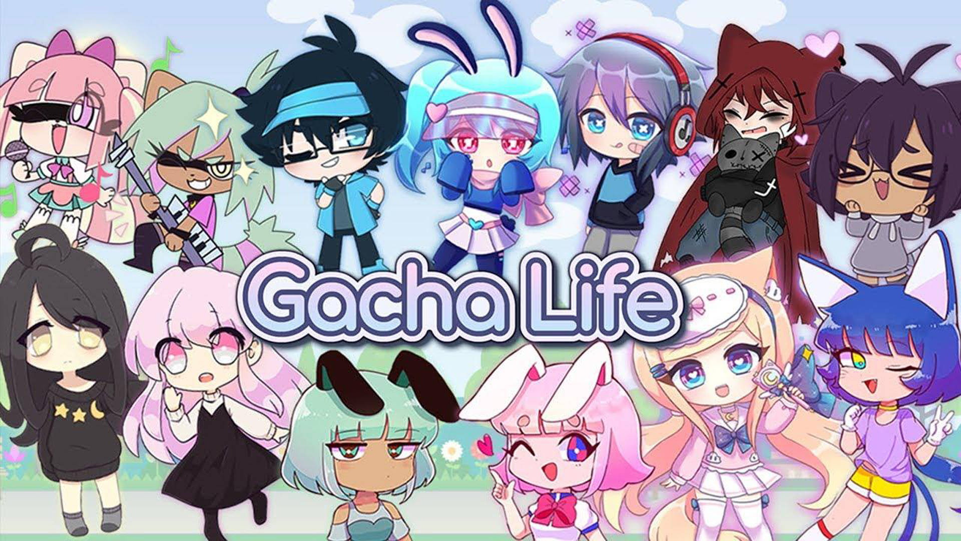 Gacha Life 自訂角色 壁紙 — 一群充滿活力的動漫風格 Q 版角色，擁有動物耳朵和富有表現力的眼睛，聚集在「Gacha Life」標誌周圍。
