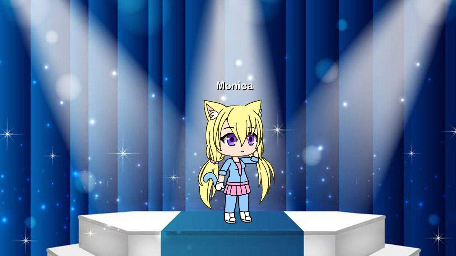 Gacha Life 舞台上的 Monica 壁紙 — 一個貓耳Q版動畫女孩站在舞台中央，在明亮的聚光燈下，背景是閃閃發光的藍色窗簾。