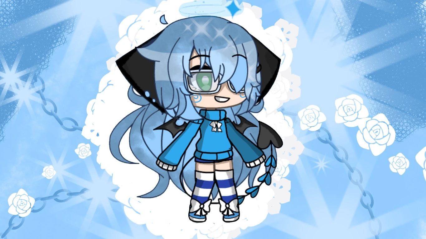 Gacha Life 藍色角色 壁紙 — 一個藍髮戴眼鏡的Q版動漫女孩站在閃爍的藍色背景中，有白色玫瑰和鎖鏈。