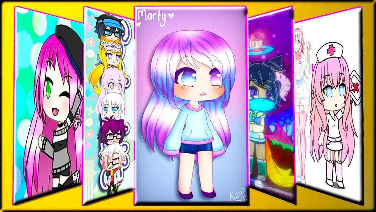 Gacha Life 角色拼貼 壁紙 — 一個充滿活力的動漫風格壁紙，五個Q版角色擁有色彩繽紛的頭髮和富有表情的眼睛，位於傾斜的面板上，背景為黃色。