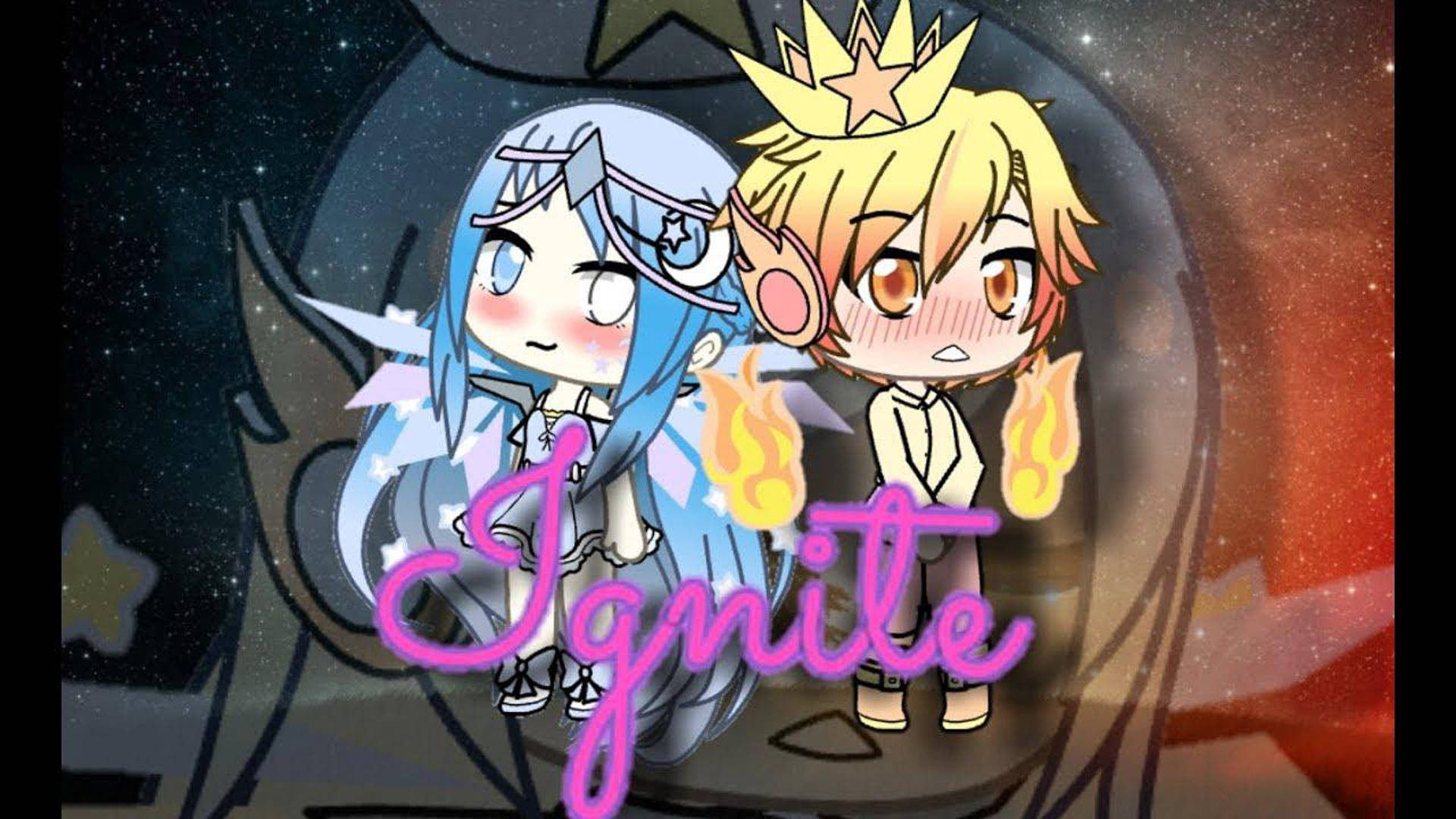 Gacha Life 音樂影片 Ignite 壁紙 — 兩個動漫角色，一個藍髮一個金髮，站在一個有星星和火焰的宇宙場景中。