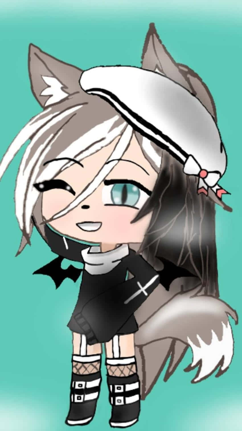 Gacha Life動畫角色 壁紙 — 一個有狼耳和貝雷帽的Q版動漫角色在青綠色背景上微笑。