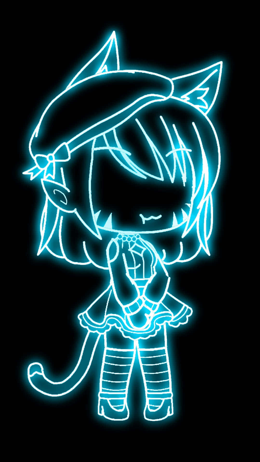 Gacha Life霓虹角色藝術 壁紙 — 發光的青色霓虹輪廓，一個帶有貓耳和貓尾的Q版動漫女孩，背景為黑色。