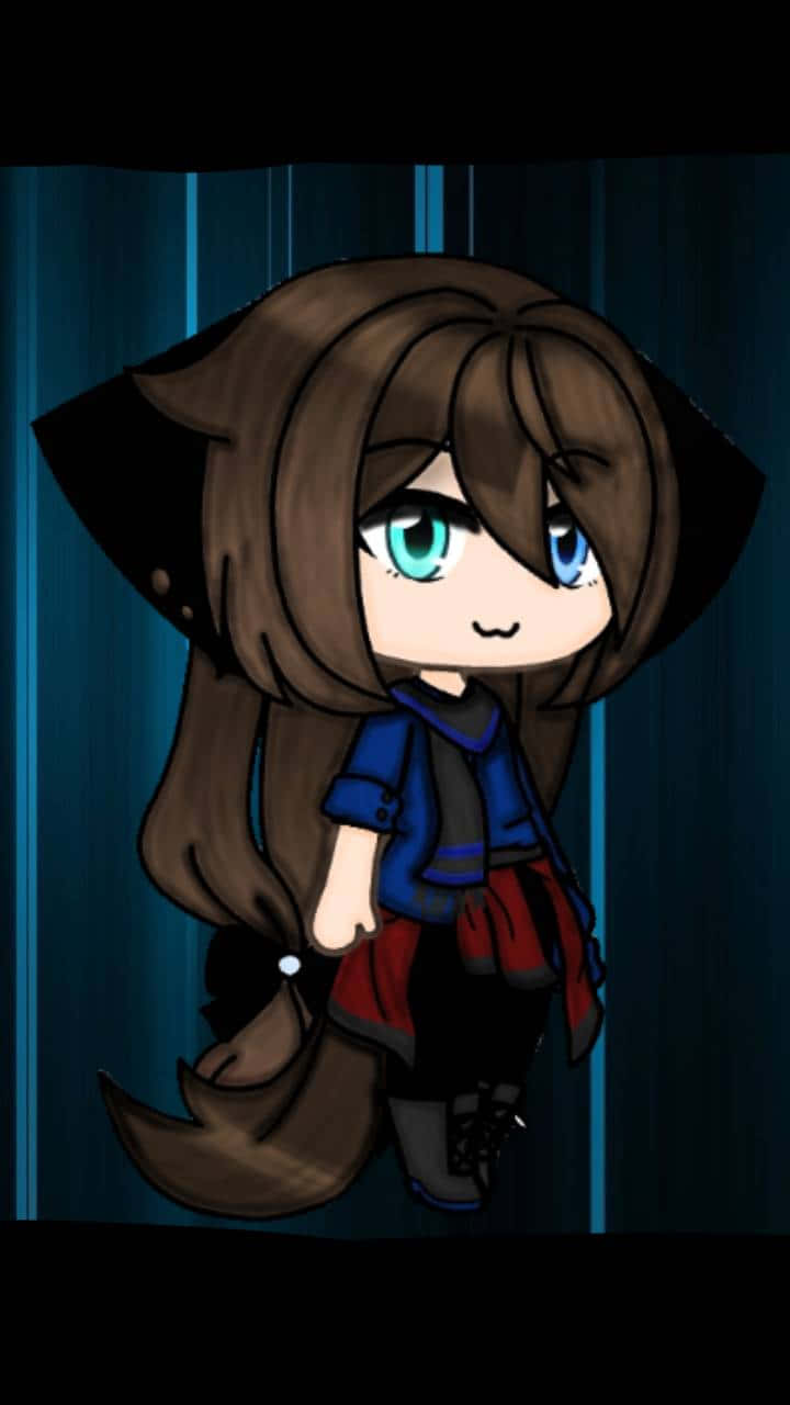 Q版動漫女孩，有貓耳和藍色眼睛，穿著藍色和紅色服裝。