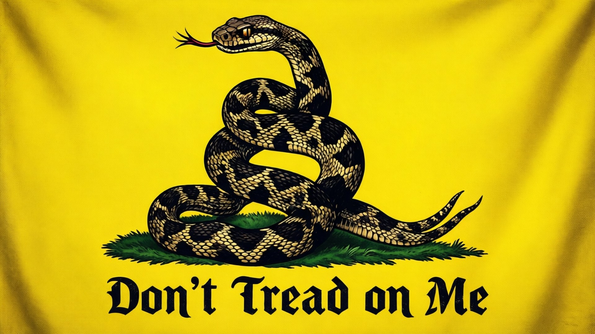 盤繞的響尾蛇在黃色旗幟上，文字「Don't Tread on Me」。