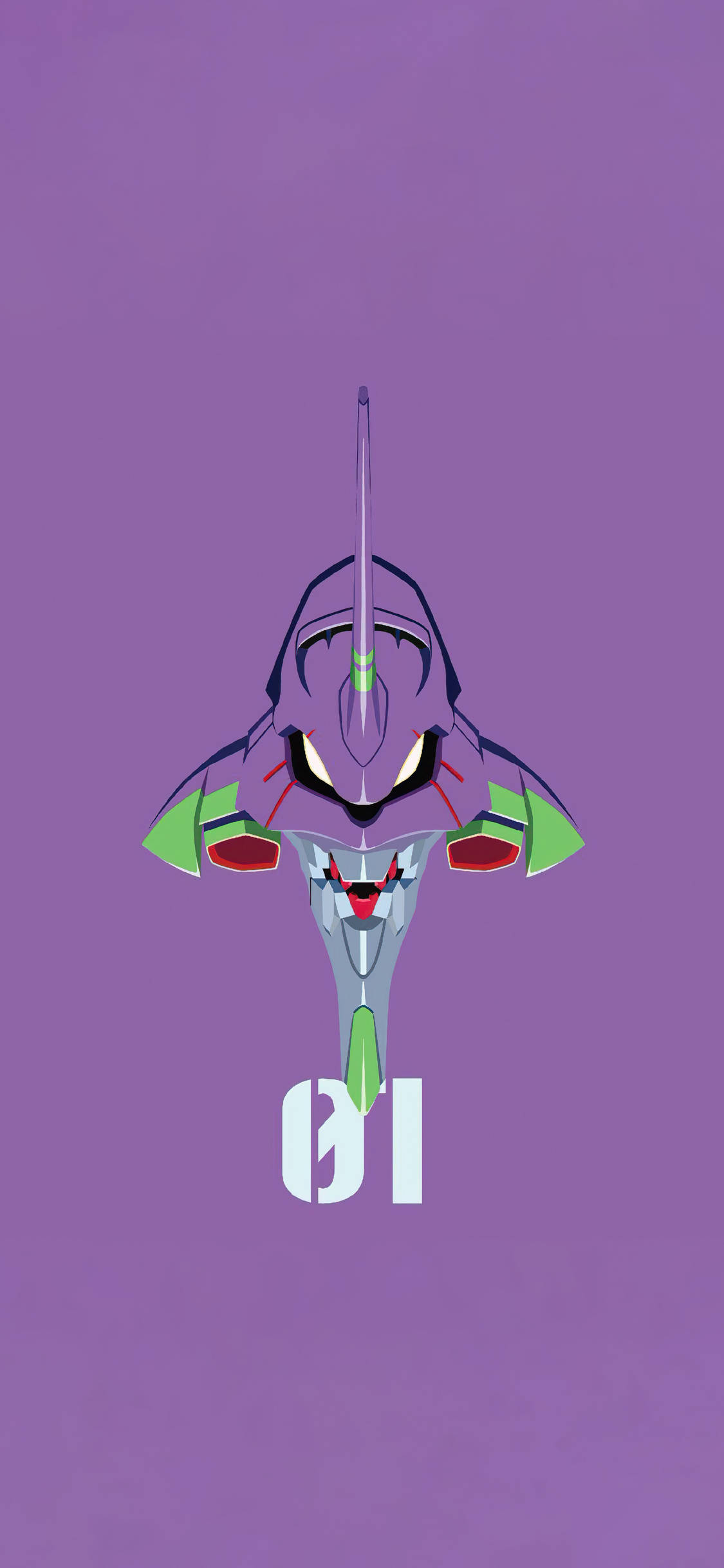 GainAnswers Evangelion 手機 — 讓你的事業保持連線 壁紙 — 一個風格化的紫色和綠色機甲單位，帶有發光的眼睛和下方的數字01，居中在純色薰衣草背景上。