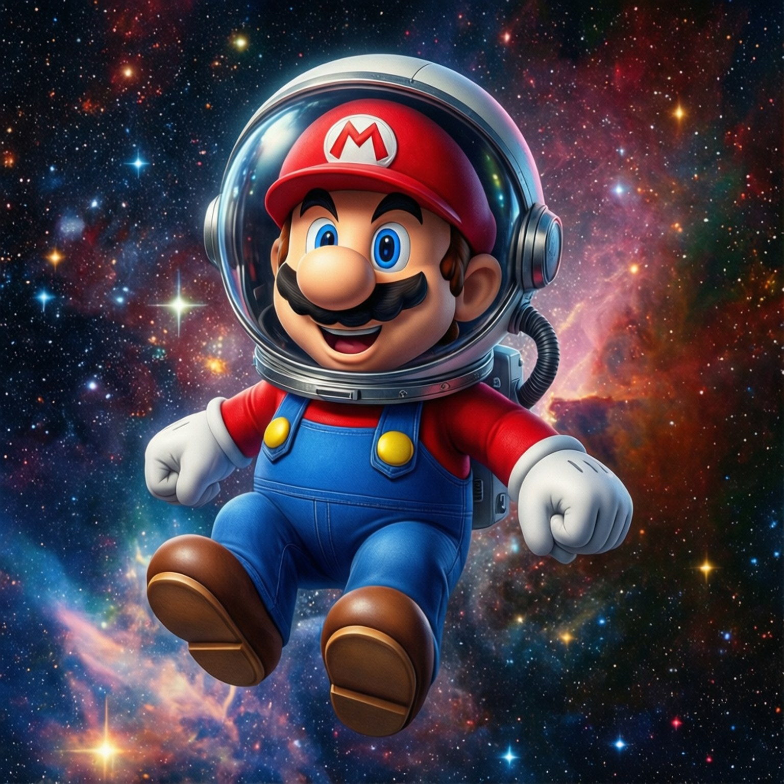 穿著太空衣的瑪利歐漂浮在彩色星雲中