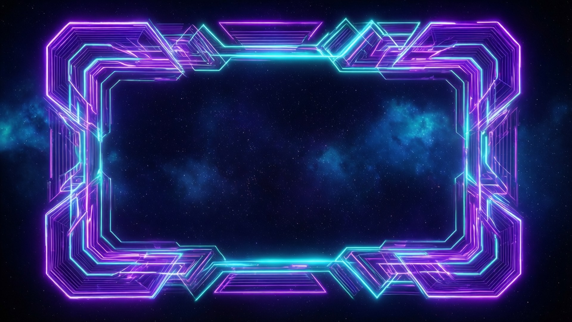 Neon purple and cyan digital frame glowing against a starry space backdrop. 壁紙