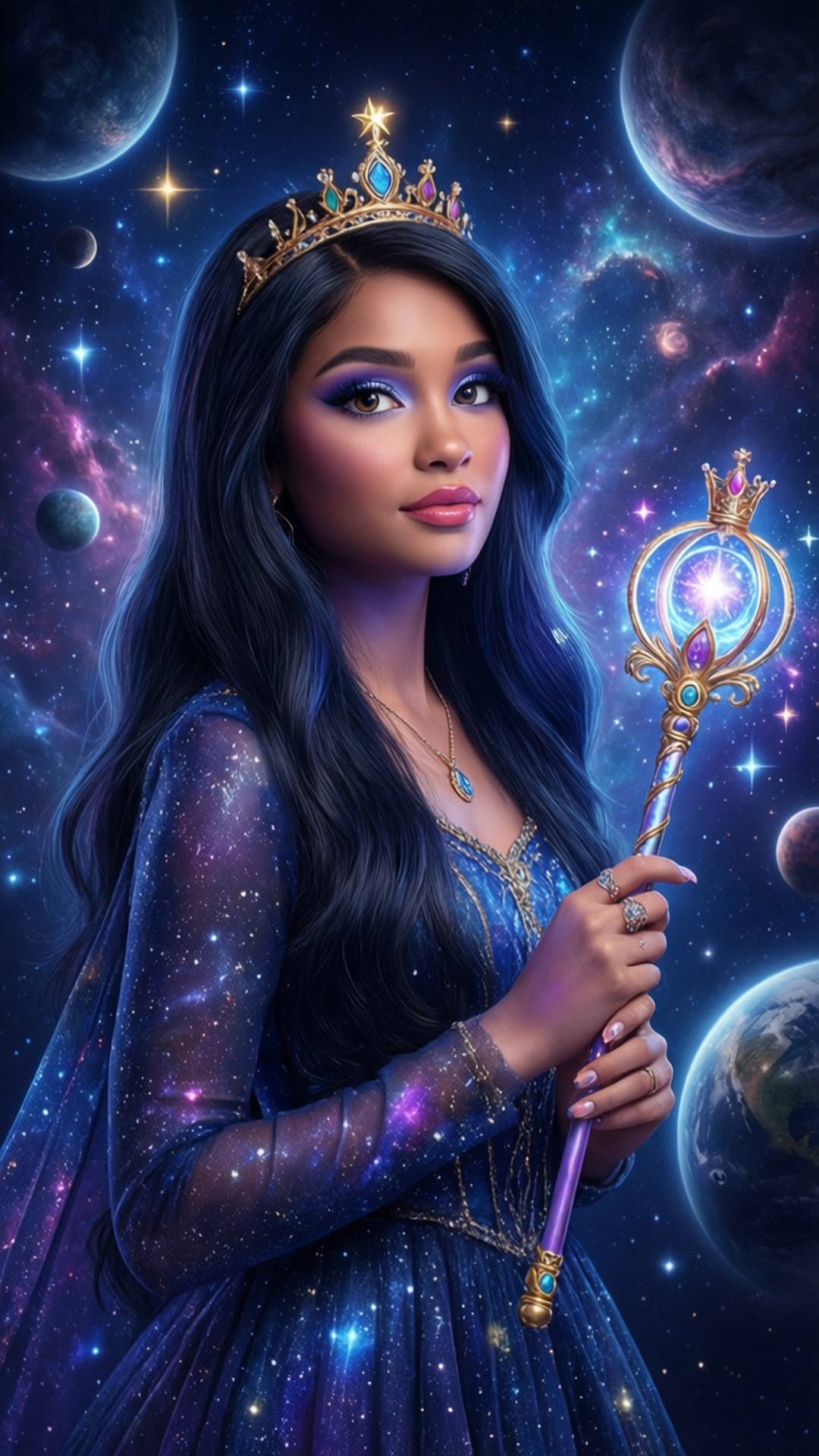 一位身穿星藍色長袍的女士，在行星和星星的宇宙天空下手持發光的法杖。