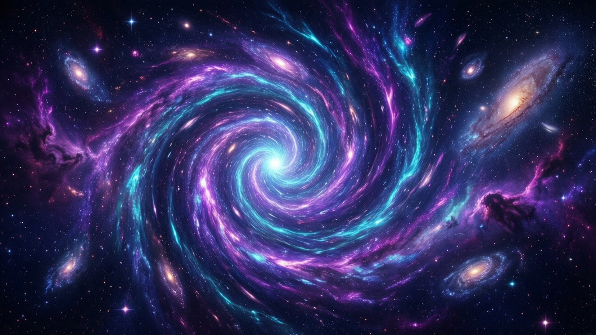 充滿活力的螺旋星系，在深空中旋轉著紫色和藍色星雲。