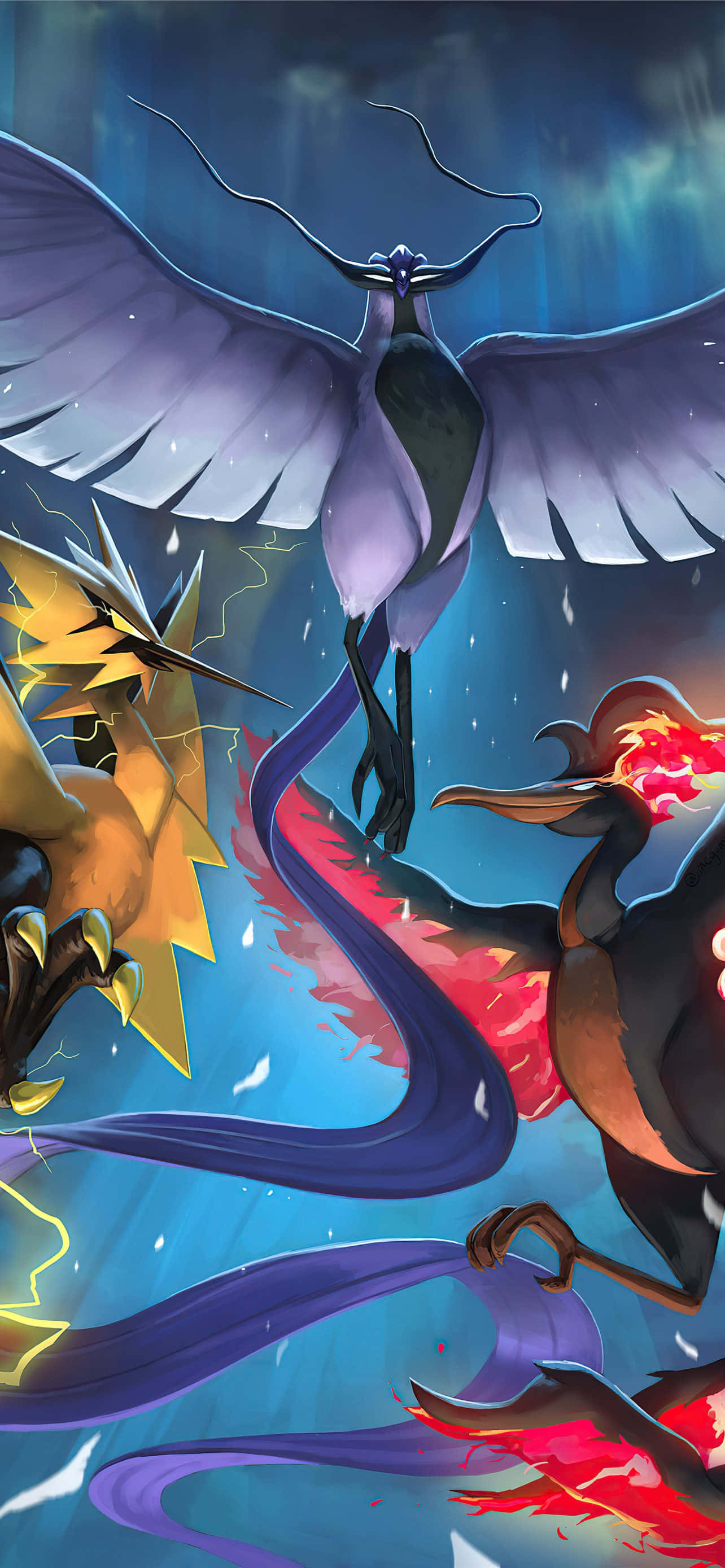 Galarian Articuno、Zapdos與Moltres 壁紙 — 三隻雄偉的神話鳥類在帶有電擊和火焰效果的暴風雨藍天中動態翱翔。