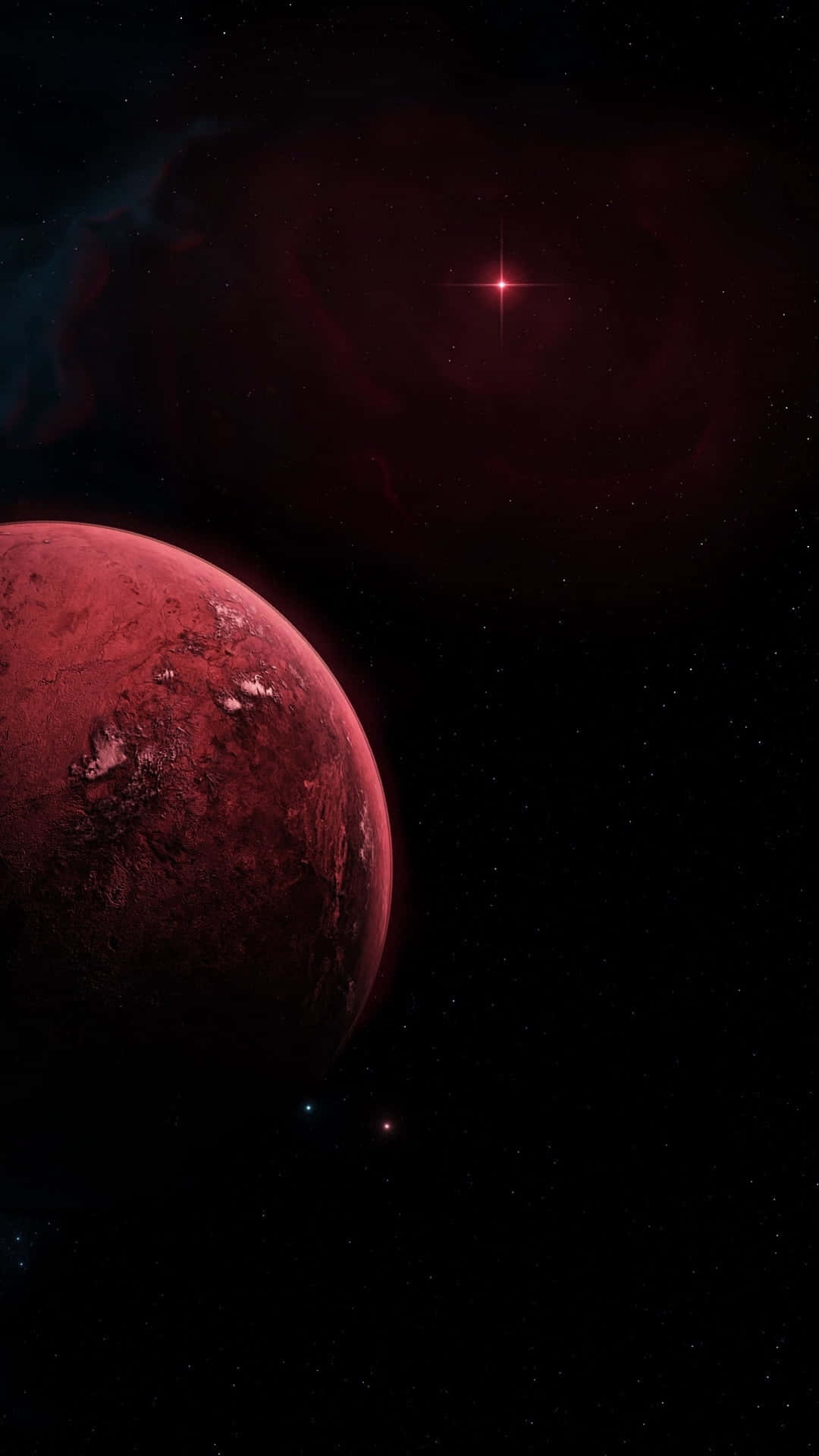 探索色彩無限的宇宙 壁紙 — 一顆深紅色的行星，表面崎嶇不平，在旋轉的星雲和遙遠的恆星之間，繞著一顆熾熱的紅色恆星運行。