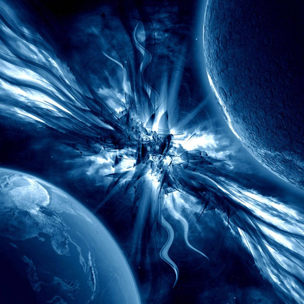 相撞行星 三星 Galaxy 平板 壁紙 — 在深空中，兩顆行星之間爆發出一股藍色能量的宇宙爆炸，散發出明亮的光芒和動態運動。