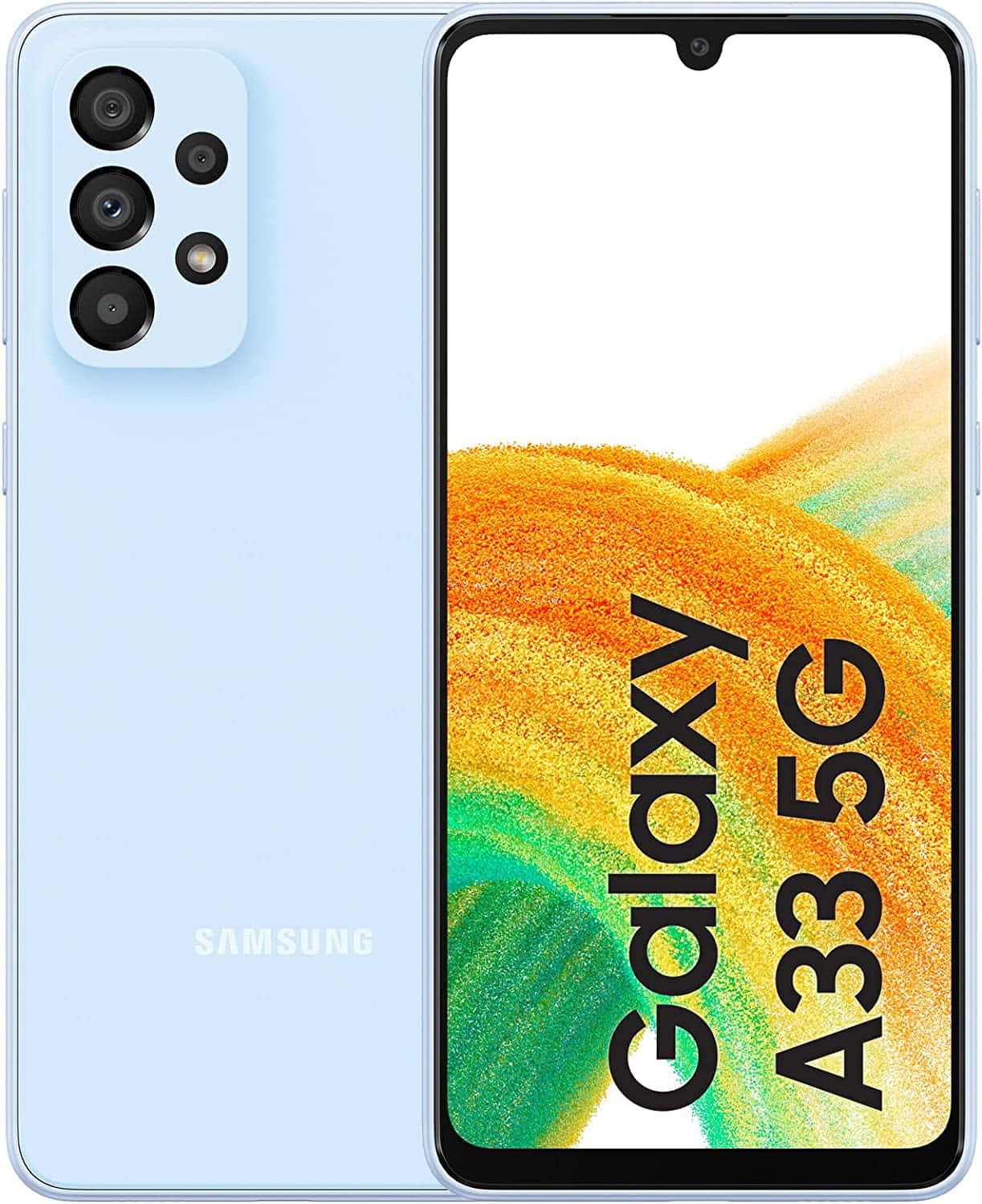 藍色三星 Galaxy A33 5G 手機圖片 壁紙 — 淺藍色 Samsung Galaxy A33 5G 智能手機正面和背面顯示，屏幕上帶有充滿活力的抽象壁紙。