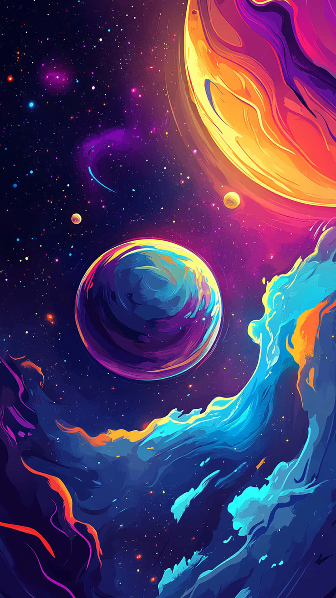 充滿活力的宇宙場景，繁星點點的夜空中有發光的行星和色彩繽紛的星雲