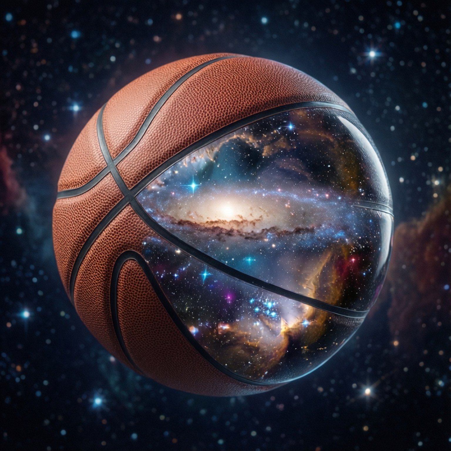 一個籃球，面板內有星系，在星際間漂浮