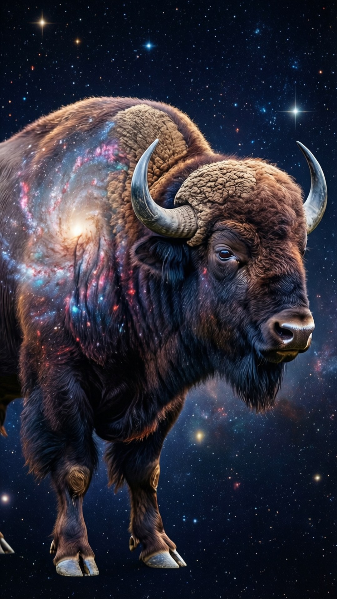 一頭野牛，其側面有星系旋轉，背景是繁星點點的夜空
